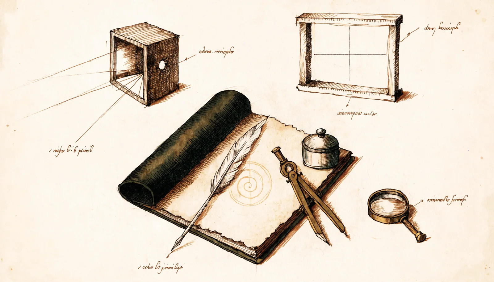 A naturalist's field-notebook page showing three studies in seeing — a camera obscura box with traced light rays, a rule-of-thirds viewing frame, and a hand lens — sketched among a quill, compass, and open notebook.