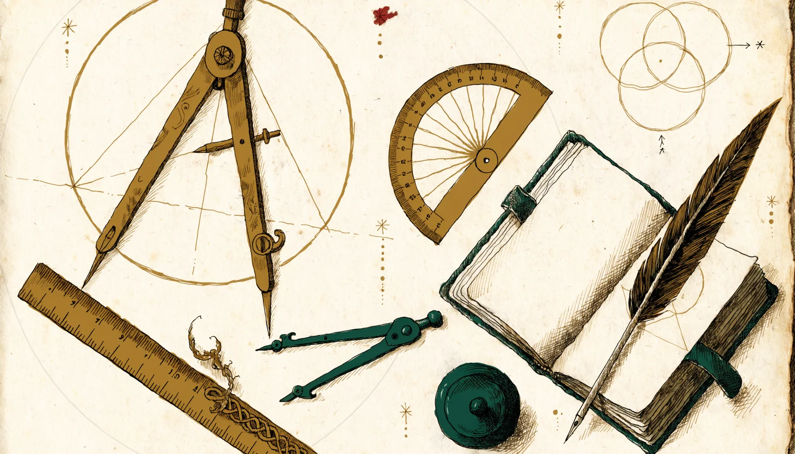A naturalist's field-notebook page showing three studies in geometry and deduction — a compass mid-construction of a triangle inside a circle, a three-circle syllogism diagram, and a ruler and protractor — sketched among a quill, compass, and open notebook.