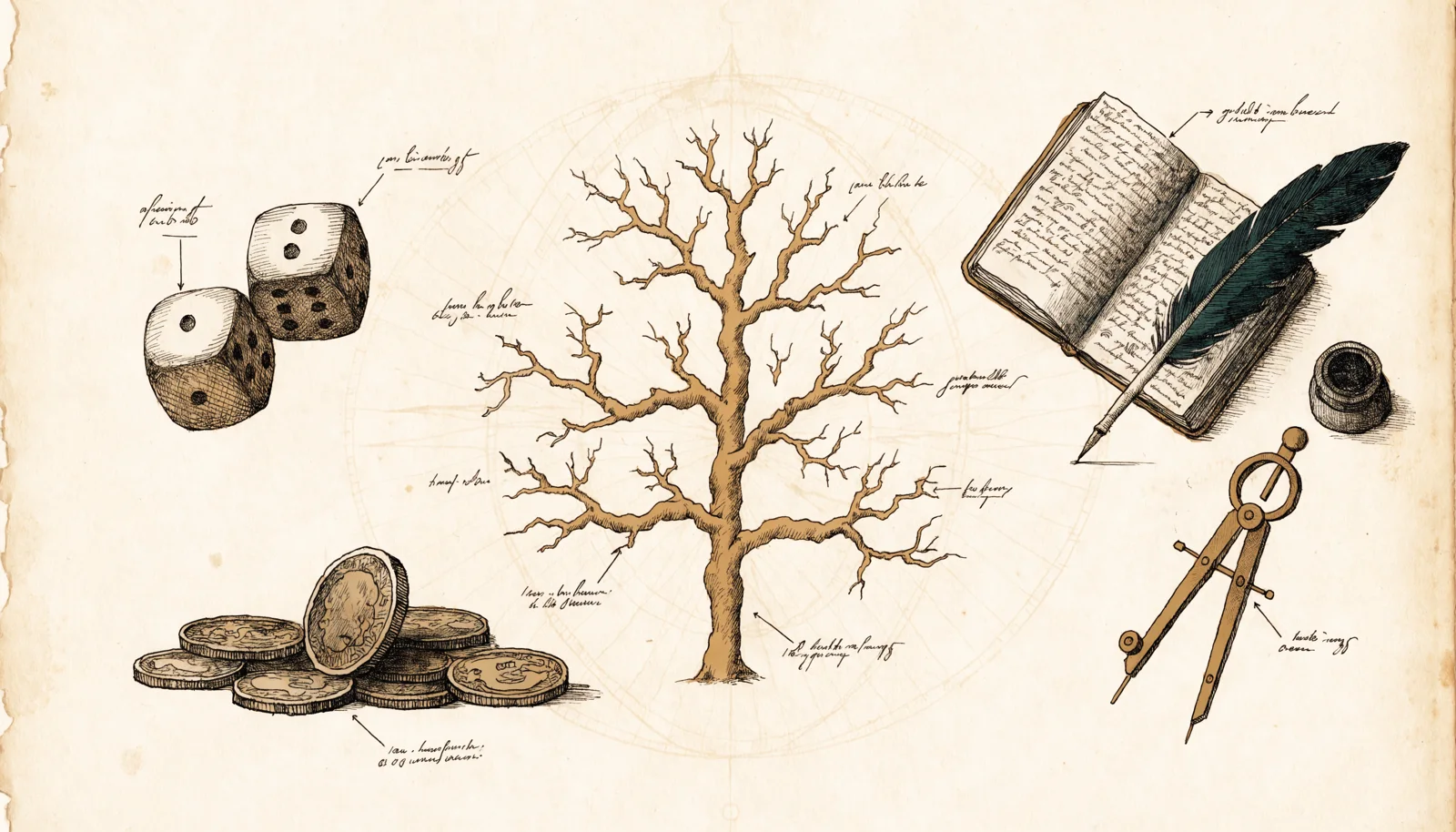A naturalist's field-notebook page showing three studies in reasoning — a branching winter tree marking a decision tree, a pair of tumbling dice, and a small stack of coins — sketched among a quill, compass, and open notebook.