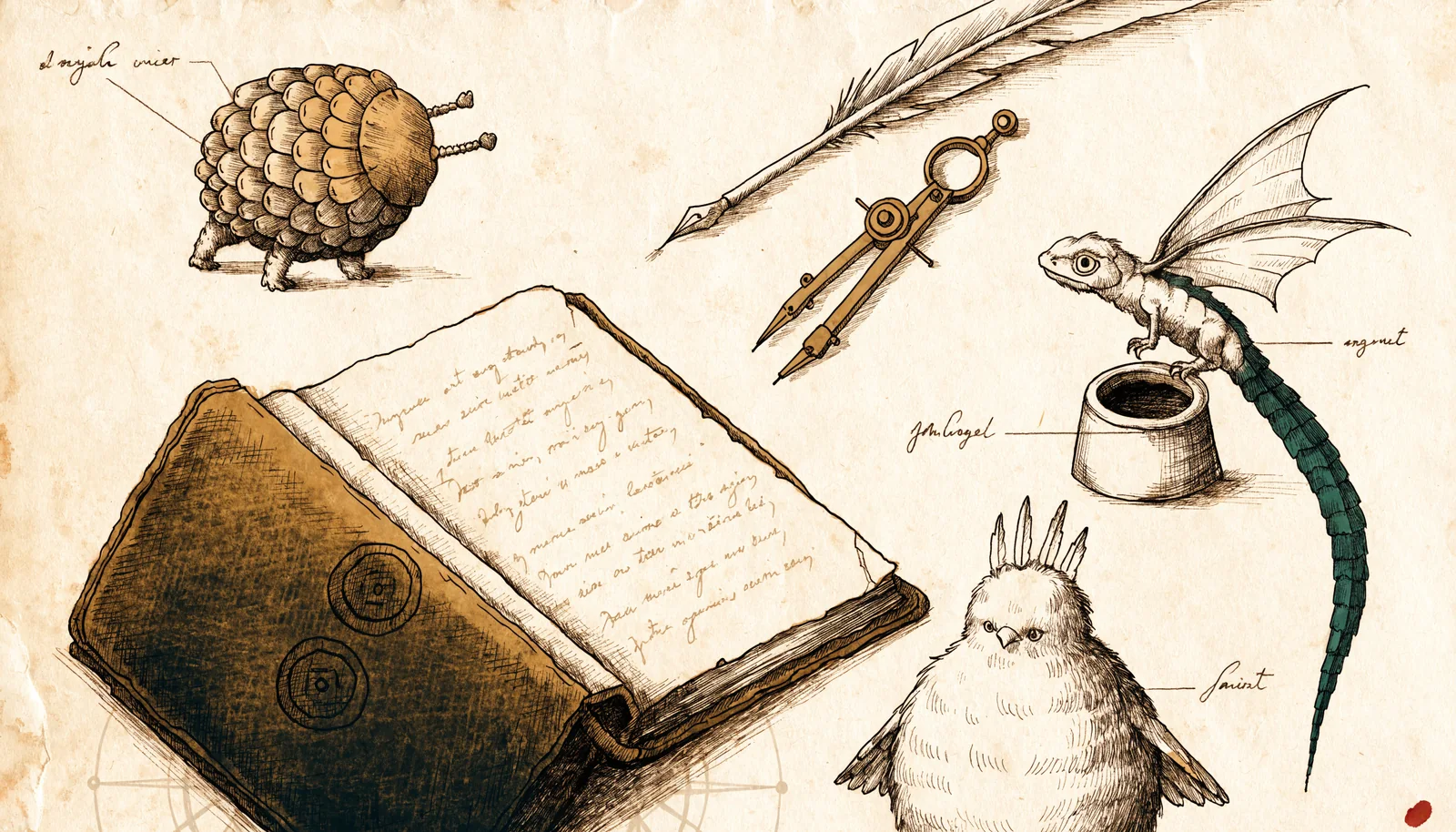 A naturalist's field-notebook page showing three invented creatures — an armored round creature, a winged long-tailed creature, and a tufted bird-like creature — sketched among a quill, compass, and open notebook.