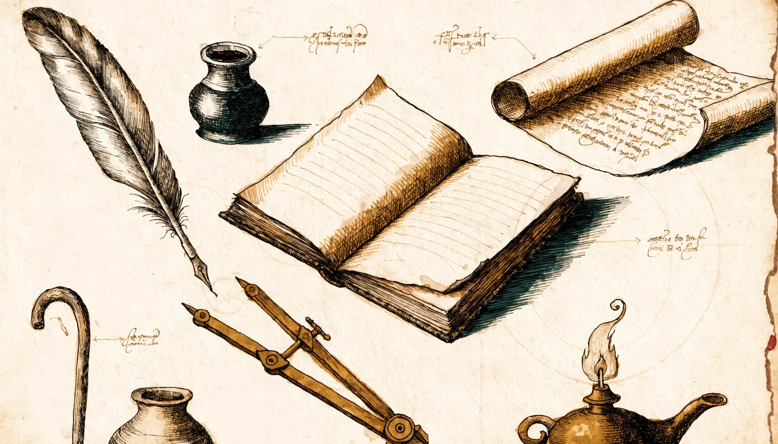 A naturalist's field-notebook page showing three studies in Scripture's story — an unrolled scroll, a brass oil lamp with a flame, and a shepherd's crook beside a clay jug — sketched among a quill, compass, and open notebook. No human figures.